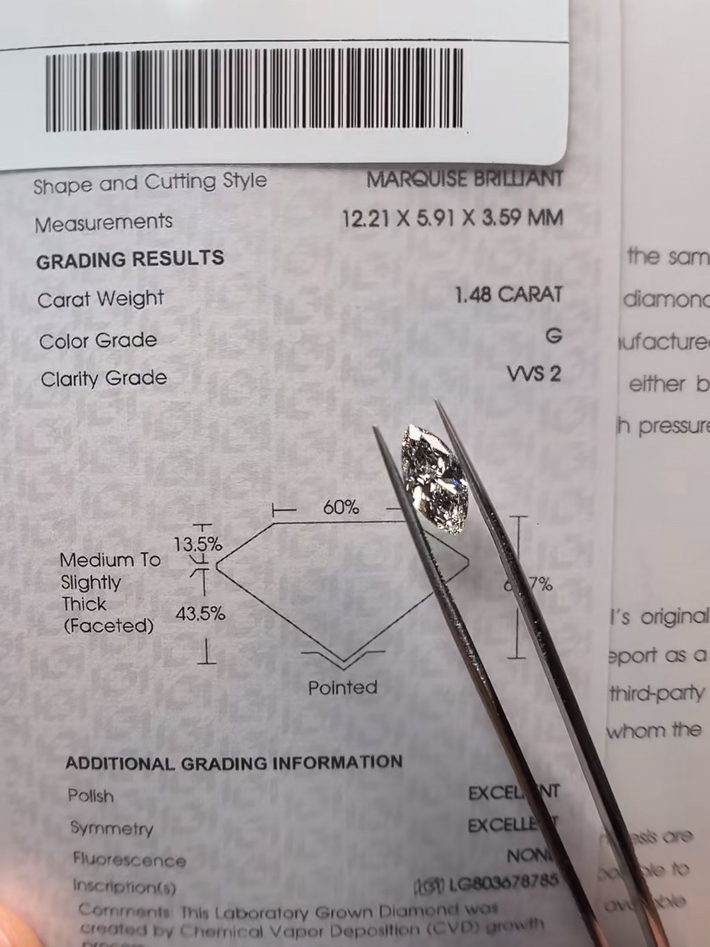 Marquise 1.48 ct g vvs2 loose diamond